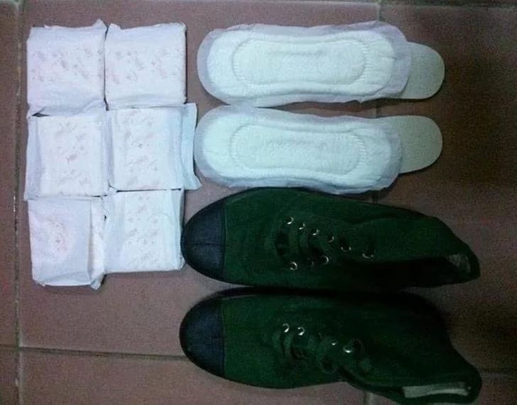 Put sanitary pads inside your shoes for hiking or marching, it’ll reduce the stress to your feet and soak up all the moisture.