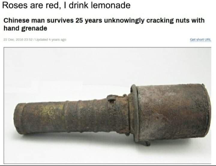 Roses are red, I drink lemonade Chinese man survives 25 years unknowingly cracking nuts with hand grenade 23 827 Updated 4 years ago Get short Url