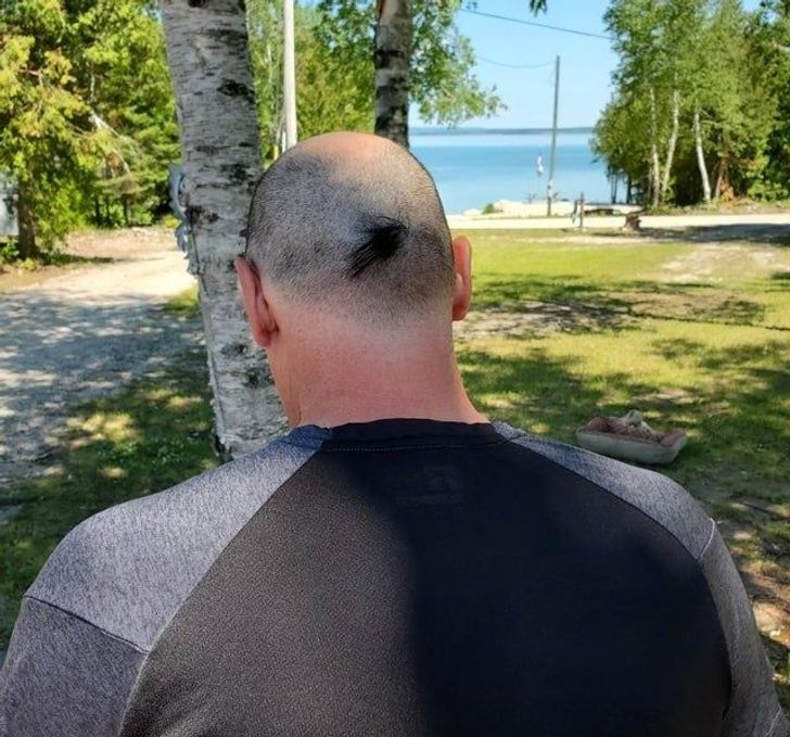 “My mom gave my stepdad an (almost) buzzcut and sent me this photo and message saying, ’Don’t tell him about the surprise!’”