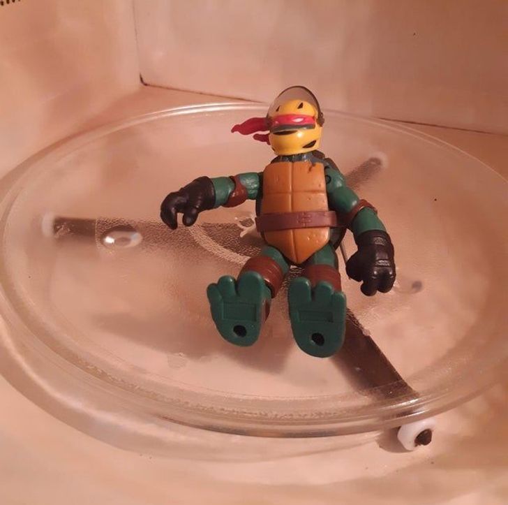 “My dad pranked my mom by putting his old ninja turtles all over the house in weird places. Here was one in the microwave.”