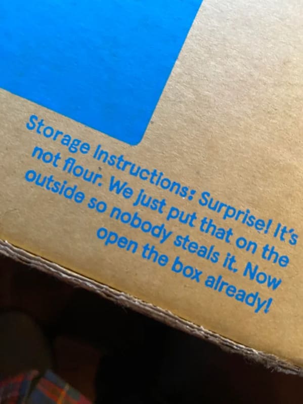 funny easter eggs - flour package that says storage instructions surprise it's not flour. we just put that on the outside so nobody steals it. now open the box already