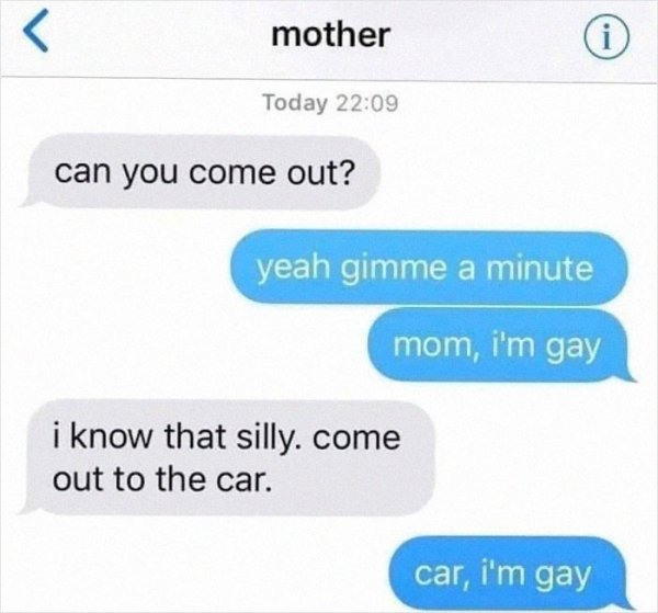 funny jokes - can you come out? yeah gimme a minute mom, i'm gay i know that silly. come out to the car. car, i'm gay