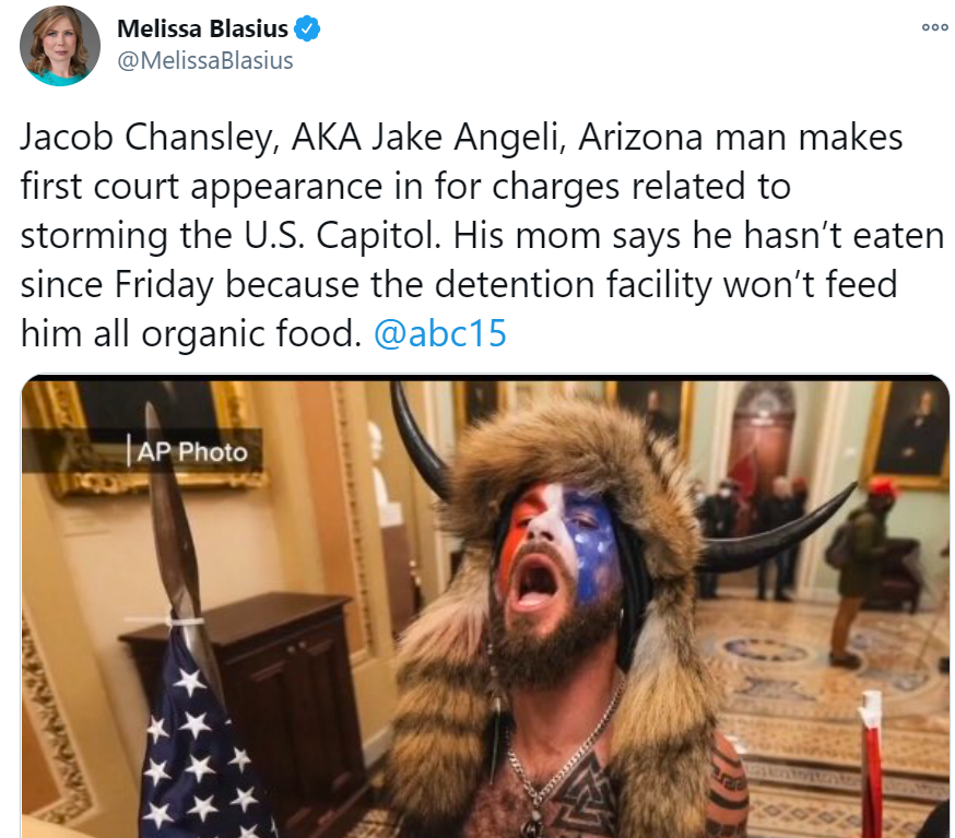 United States Capitol - 000 Melissa Blasius Jacob Chansley, Aka Jake Angeli, Arizona man makes first court appearance in for charges related to storming the U.S. Capitol. His mom says he hasn't eaten since Friday because the detention facility won't feed 
