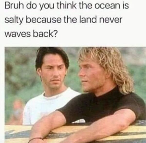 patrick swayze point break - Bruh do you think the ocean is salty because the land never waves back?