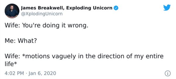 paper - James Breakwell, Exploding Unicorn Wife You're doing it wrong. Me What? Wife motions vaguely in the direction of my entire life