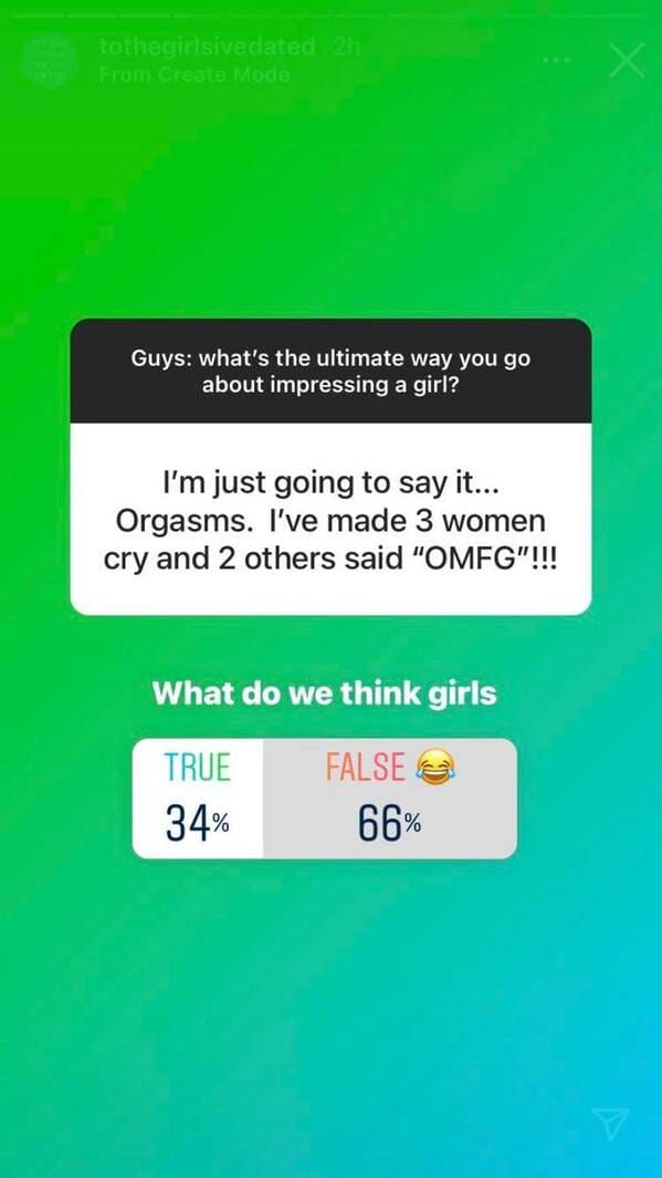 screenshot - tothegirlsivedated 2h From Create Mode x Guys what's the ultimate way you go about impressing a girl? I'm just going to say it... Orgasms. I've made 3 women cry and 2 others said "Omfg"!!! What do we think girls True 34% False 66%