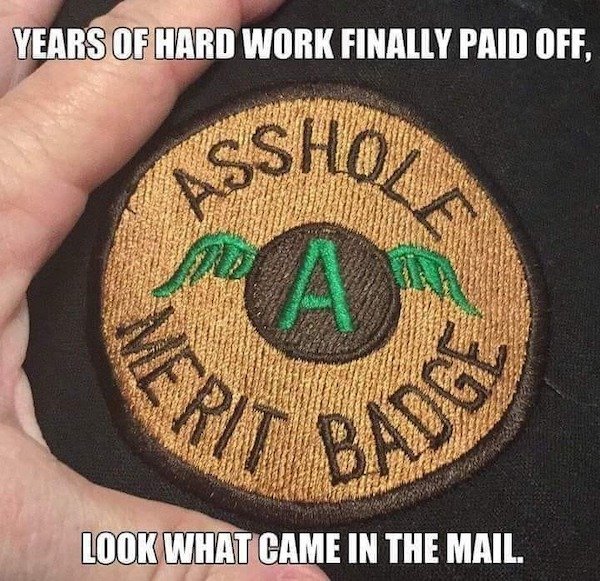 funny memes - Years Of Hard Work Finally Paid Off, Asshole Merit Badge Look What Came In The Mail.