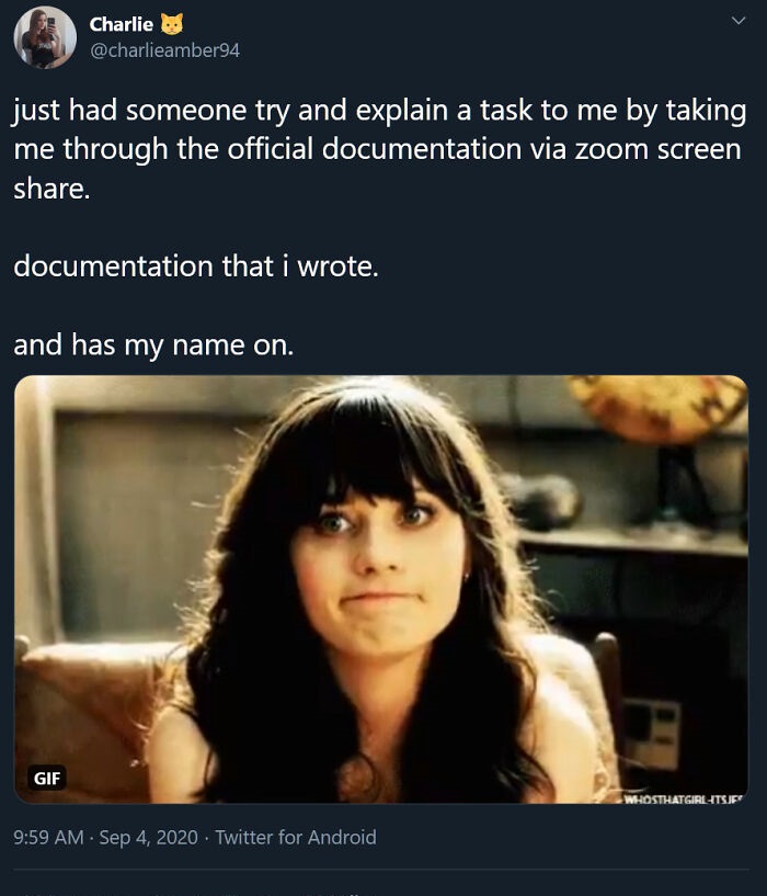 new girl gifs - Charlie just had someone try and explain a task to me by taking me through the official documentation via zoom screen . documentation that i wrote. and has my name on. Gif WhosthatgirlTsjes . Twitter for Android