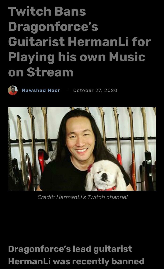 photo caption - Twitch Bans Dragonforce's Guitarist HermanLi for Playing his own Music on Stream Nawshad Noor Credit HermanLi's Twitch channel Dragonforce's lead guitarist HermanLi was recently banned