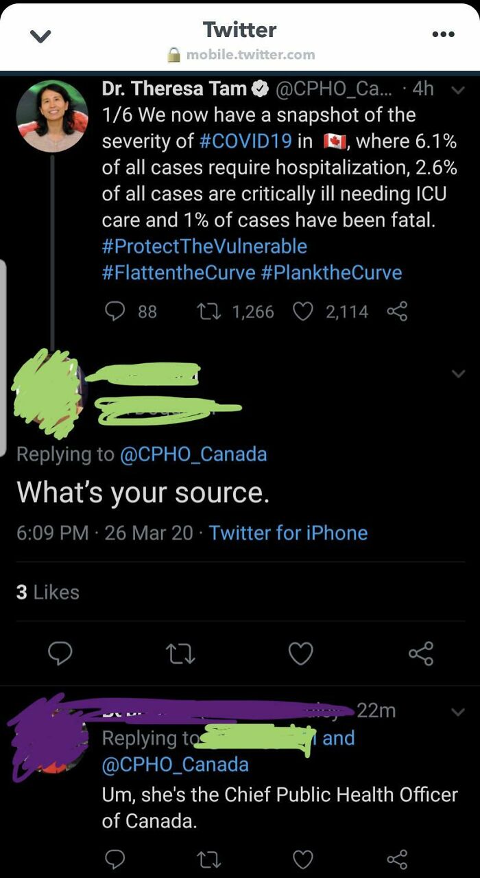 screenshot - Twitter mobile.twitter.com Dr. Theresa Tam ... 4h 16 We now have a snapshot of the severity of in , where 6.1% of all cases require hospitalization, 2.6% of all cases are critically ill needing Icu care and 1% of cases have been fatal. 88 22 