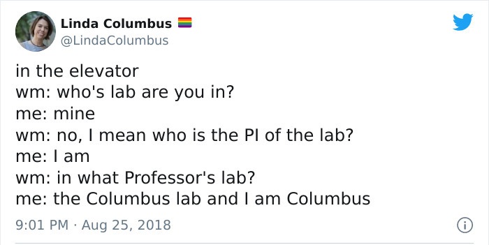 paper - Linda Columbus Columbus in the elevator wm who's lab are you in? me mine wm no, I mean who is the Pl of the lab? me I am wm in what Professor's lab? me the Columbus lab and I am Columbus