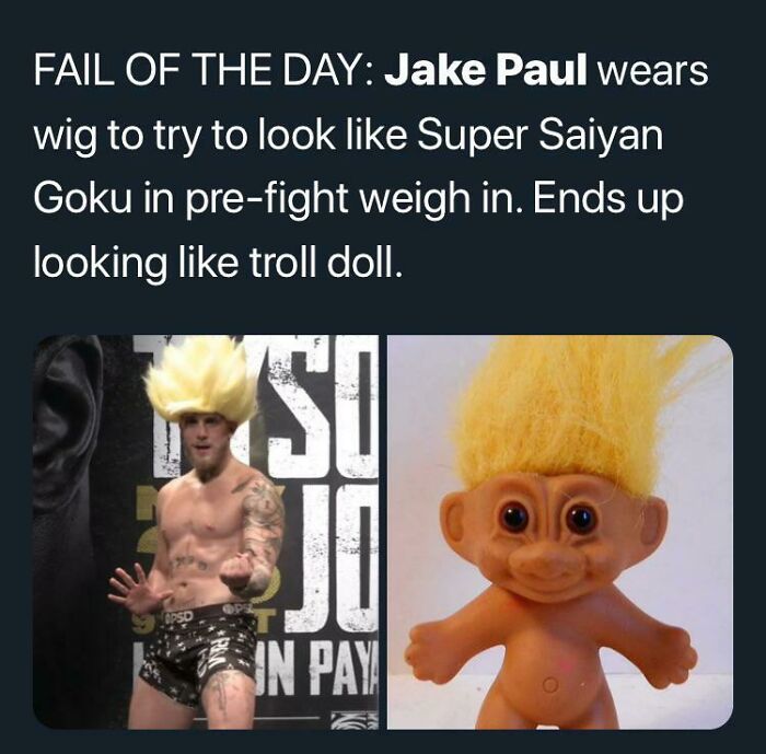 jake paul goku wig - Fail Of The Day Jake Paul wears wig to try to look Super Saiyan Goku in prefight weigh in. Ends up looking troll doll. Cse In Pay