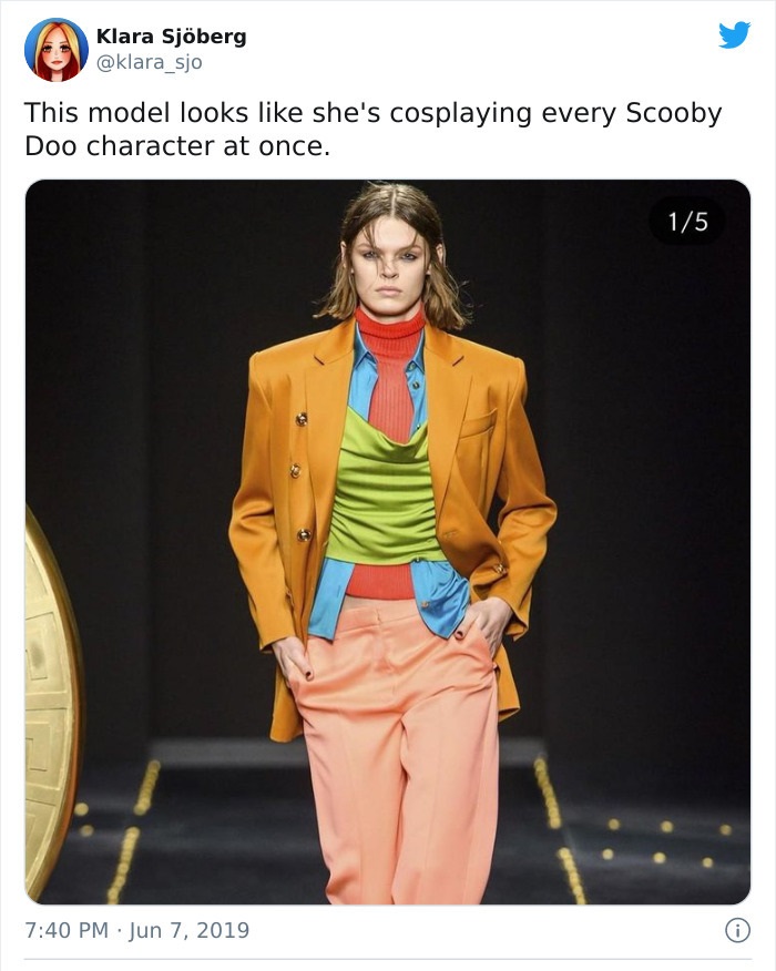 she looks like she is cosplaying every scoobydoo character at once - Klara Sjberg This model looks she's cosplaying every Scooby Doo character at once. . 15