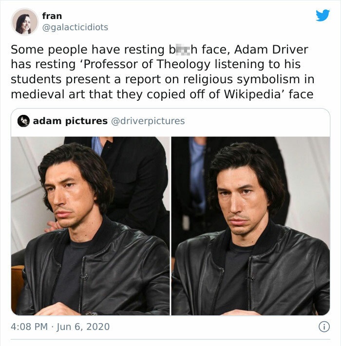 adam driver professor of theology - fran Some people have resting beth face, Adam Driver has resting Professor of Theology listening to his students present a report on religious symbolism in medieval art that they copied off of Wikipedia' face adam pictu