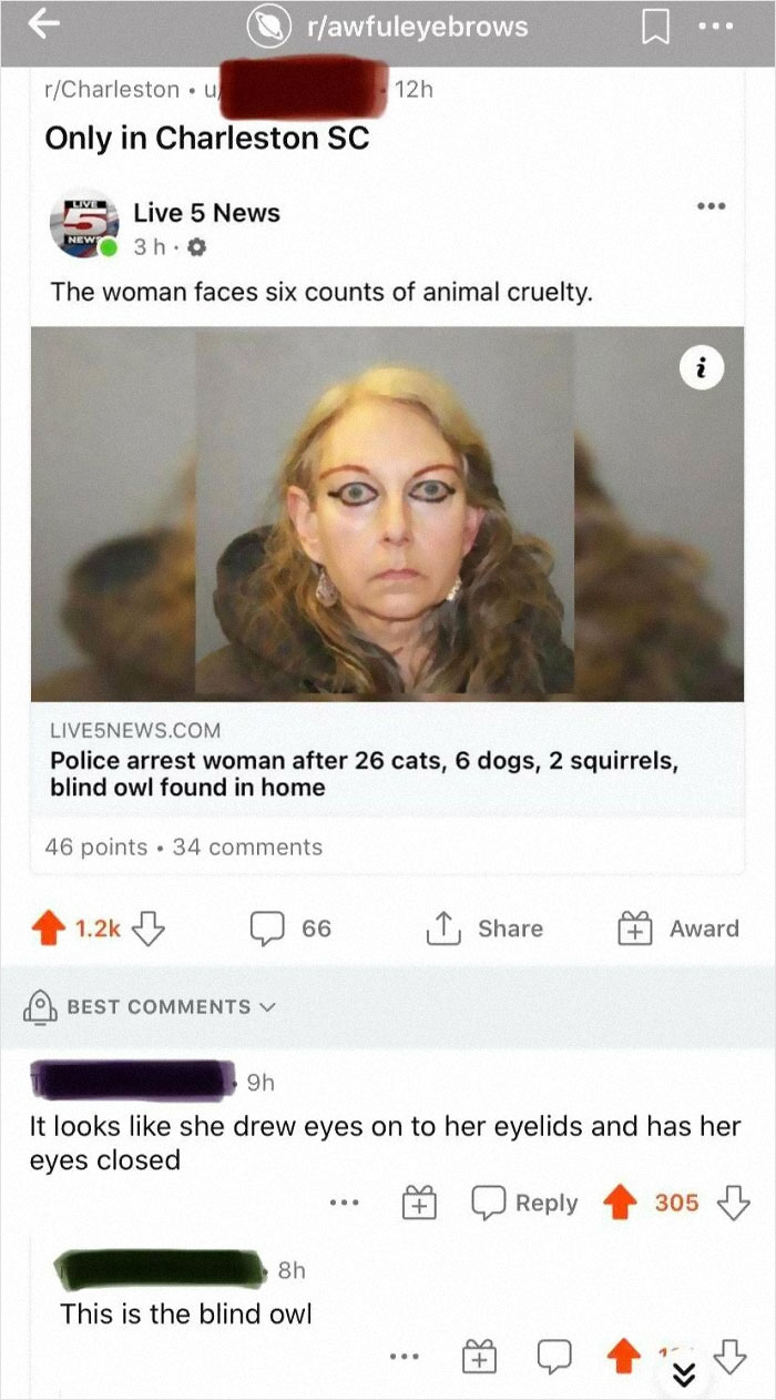 photo caption - rawfuleyebrows ... 12h rCharleston. Only in Charleston Sc Live 5 News 3h. New The woman faces six counts of animal cruelty. i LIVE5NEWS.Com Police arrest woman after 26 cats, 6 dogs, 2 squirrels, blind owl found in home 46 points. 34 B 66 