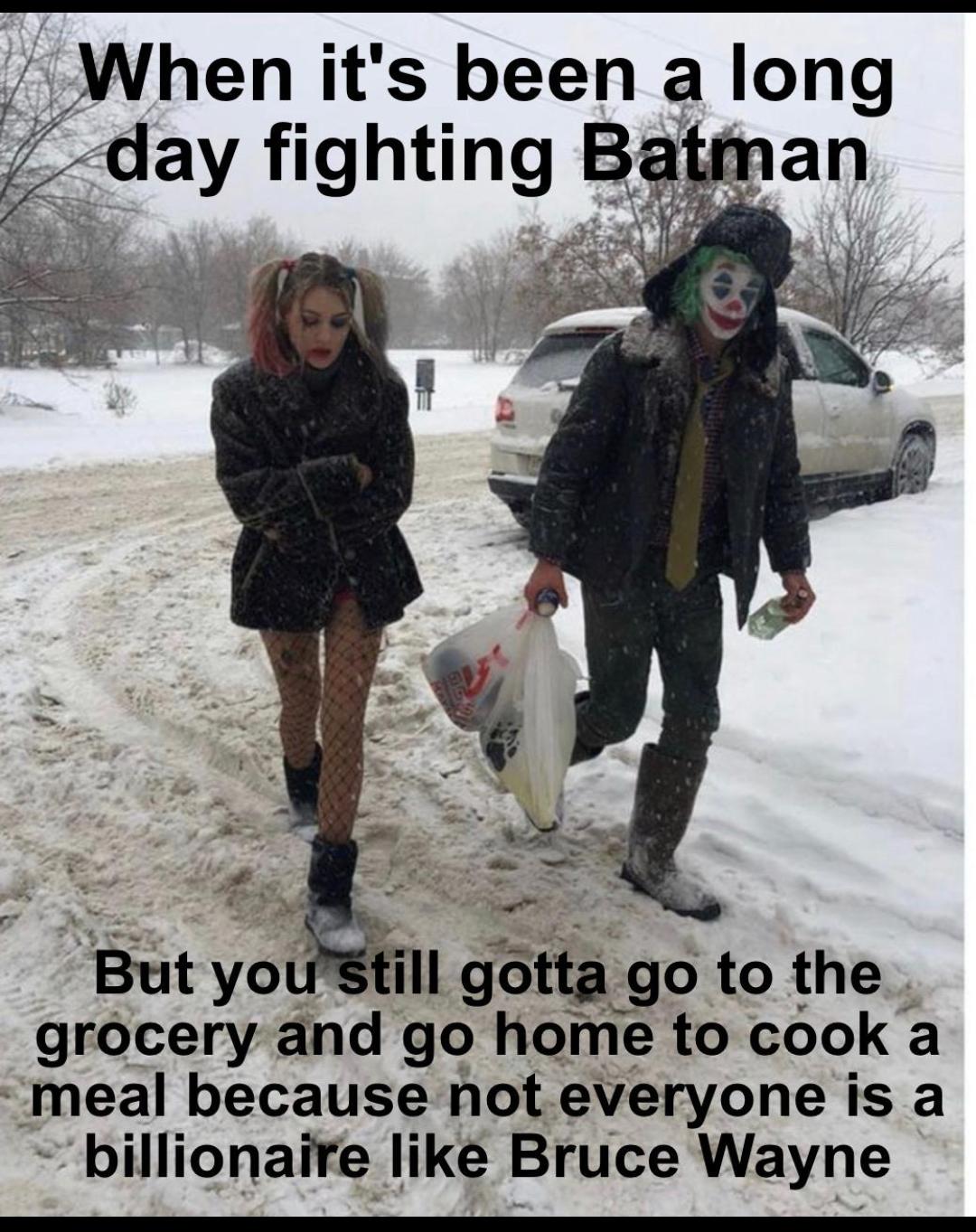 Harley Quinn - When it's been a long day fighting Batman But you still gotta go to the grocery and go home to cook a meal because not everyone is a billionaire Bruce Wayne