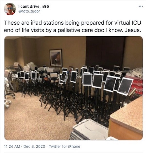 end of life ipad - I cant drive, n95 These are iPad stations being prepared for virtual Icu end of life visits by a palliative care doc I know. Jesus. 50 To . . Twitter for iPhone
