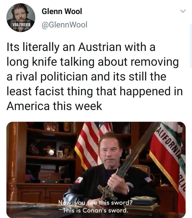 Arnold Schwarzenegger - Glenn Wool Re Viva Forever Its literally an Austrian with a long knife talking about removing a rival politician and its still the least facist thing that happened in America this week Alifornia Now you see this sword? This is Cona