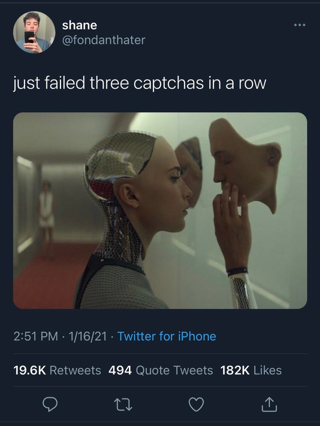 alicia vikander in "ex machina" - shane just failed three captchas in a row 11621 Twitter for iPhone 494 Quote Tweets