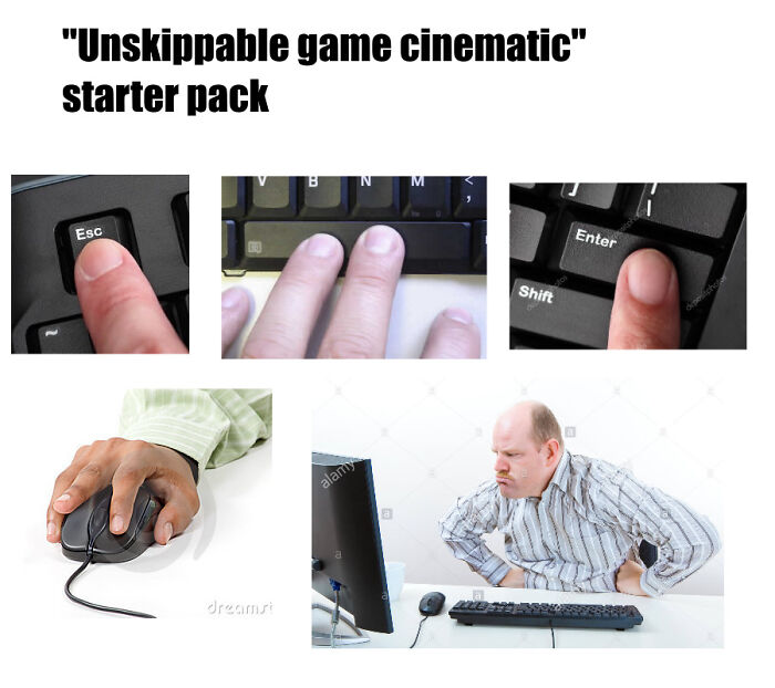 starter pack meme plantilla - "Unskippable game cinematic" starter pack M Esc Enter Shift alan