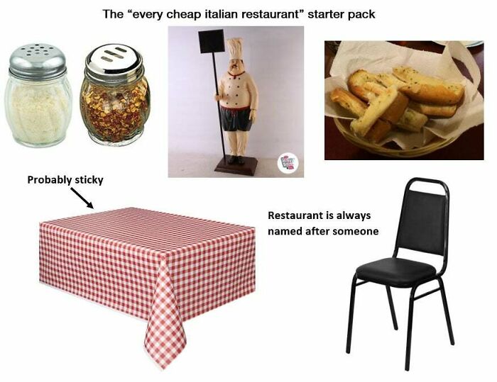 starter pack memes - The "every cheap italian restaurant" starter pack Probably sticky Restaurant is always named after someone