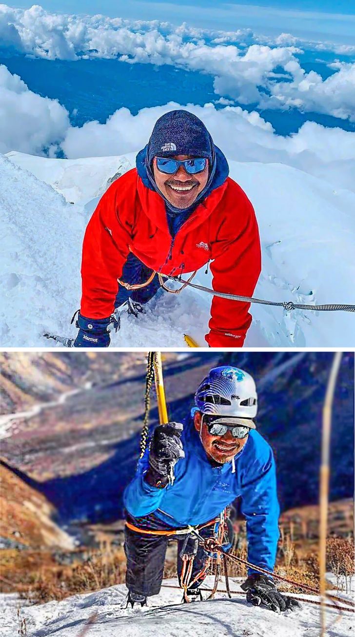 “I’m a double above-knee amputee and keen mountaineer. This is me climbing Mont Blanc and the Jung-La-Pass.”