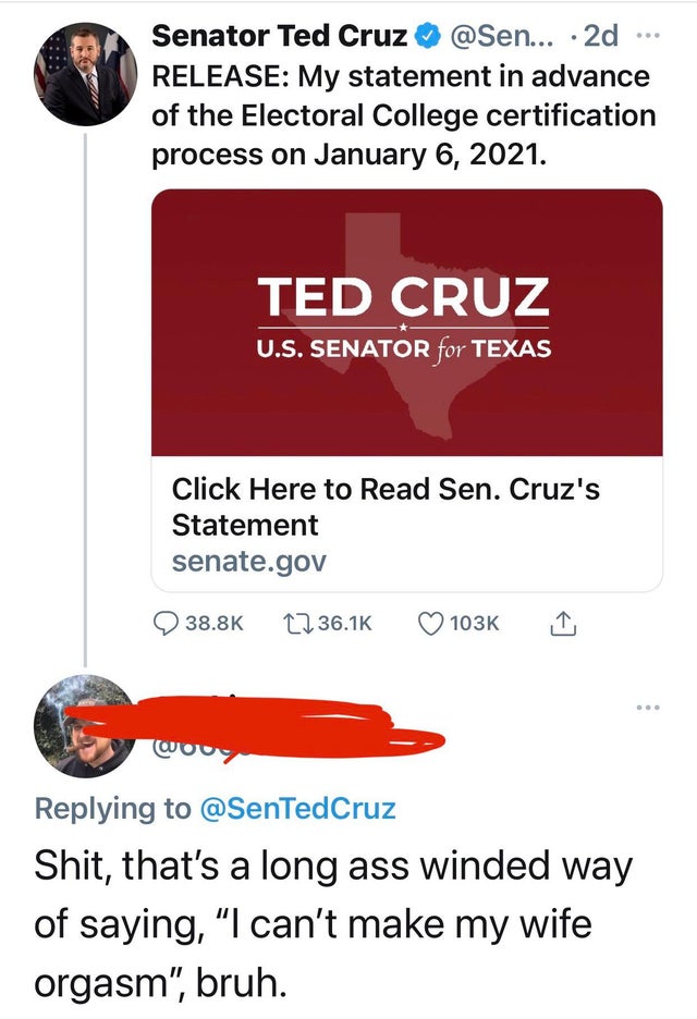 material - Senator Ted Cruz ... 2d Release My statement in advance of the Electoral College certification process on . Ted Cruz U.S. Senator for Texas Click Here to Read Sen. Cruz's Statement senate.gov Cruz Shit, that's a long ass winded way of saying, "