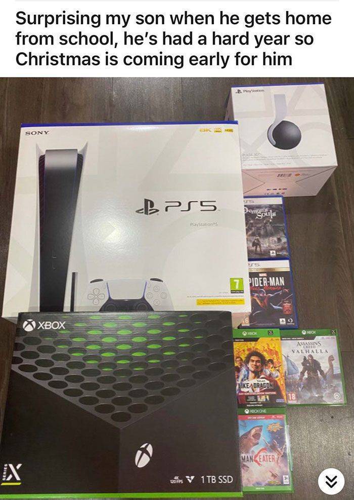 xbox 360 - Surprising my son when he gets home from school, he's had a hard year so Christmas is coming early for him B. Sony Bpss migos Dons PiderMan Xbox Mok Ok Assassins Valhalla Uke Dragon Agi Maneater X noirs V 1 Tb Ssd