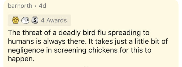 paper - barnorth. 4d S 4 Awards The threat of a deadly bird flu spreading to humans is always there. It takes just a little bit of negligence in screening chickens for this to happen.