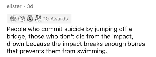 elister 3d S 10 Awards People who commit suicide by jumping off a bridge, those who don't die from the impact, drown because the impact breaks enough bones that prevents them from swimming.