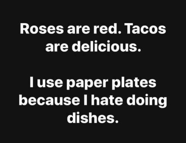 funny memes about adulthood - Roses are red. Tacos are delicious. I use paper plates because I hate doing dishes.