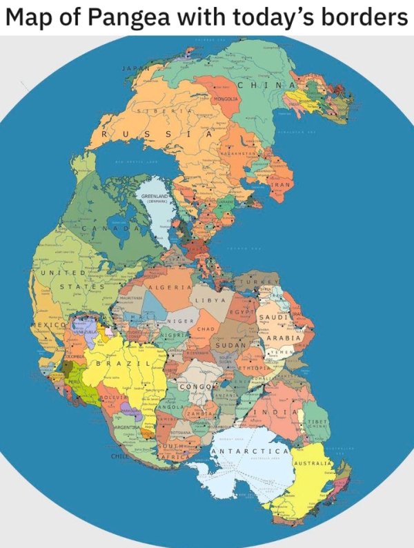 show a map of the world - Map of Pangea with today's borders Japan China Mongolia Satt U S S Stan Stran Greenland N United States Algeria Turkey S Libya Egypt Jra Saudi Niger Mexico Ves Chad Nig Arabia Sudan Polo Brazil Ethtopia Pero Lakes Congo Nolevim A