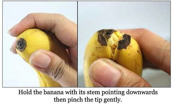 funny life hacks - open a banana - Hold the banana with its stem pointing downwards then pinch the tip gently.