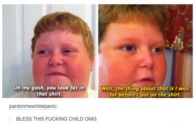 funny jokes - Oh my gosh, you look fat in that shirt. Well, the thing about that is I was fat before I put on the shirt. - Bless This Fucking Child Omg
