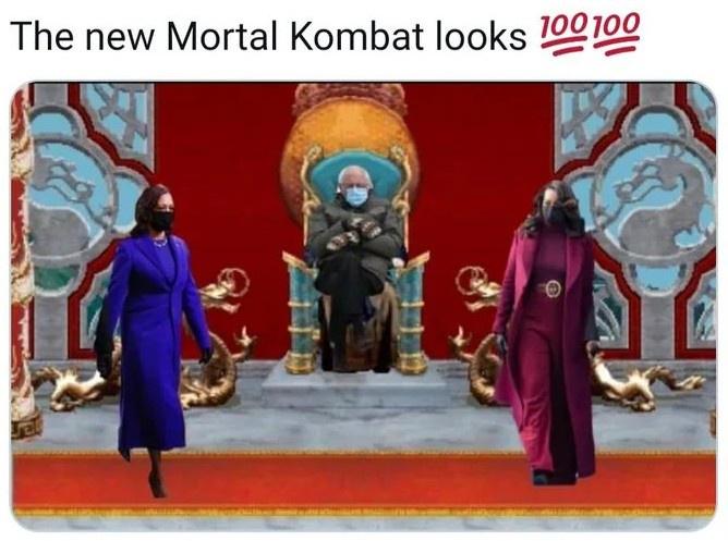 funny memes - bernie sanders sitting meme - michelle obama kamala harris - The new Mortal Kombat looks 100100