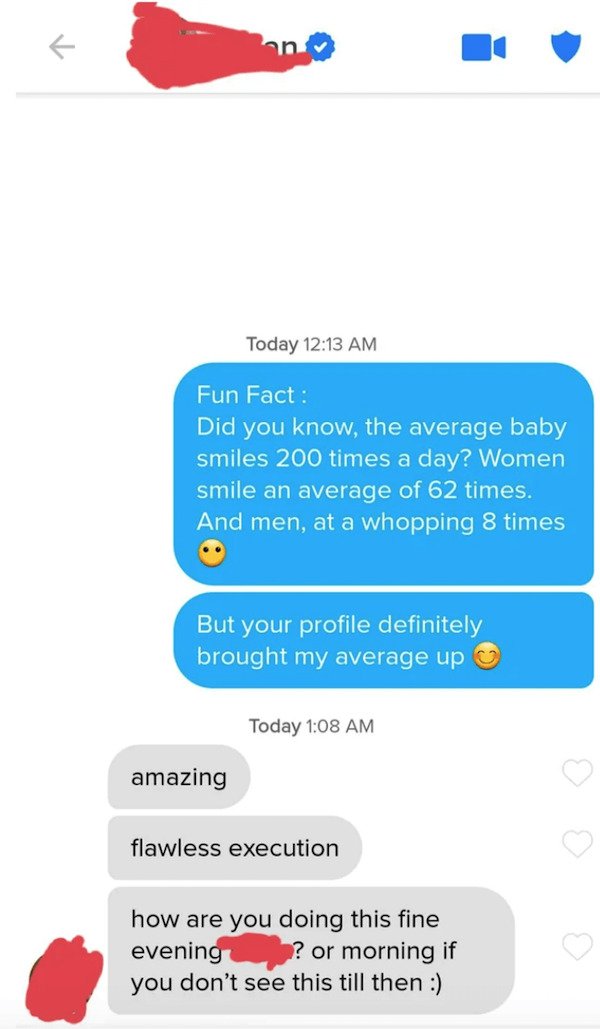 web page - on Today Fun Fact Did you know, the average baby smiles 200 times a day? Women smile an average of 62 times. And men, at a whopping 8 times But your profile definitely brought my average up Today amazing flawless execution how are you doing thi