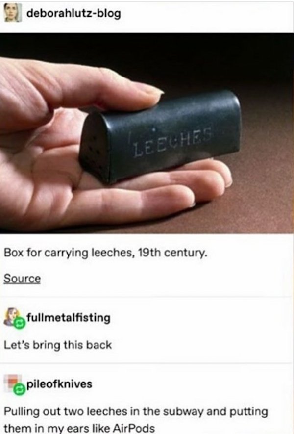 2020 funny - deborahlutzblog Leeches Box for carrying leeches, 19th century. Source fullmetalfisting Let's bring this back pileofknives Pulling out two leeches in the subway and putting them in my ears AirPods