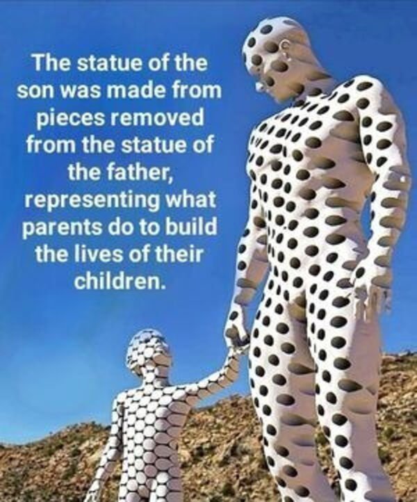 The statue of the son was made from pieces removed from the statue of the father, representing what parents do to build the lives of their children.