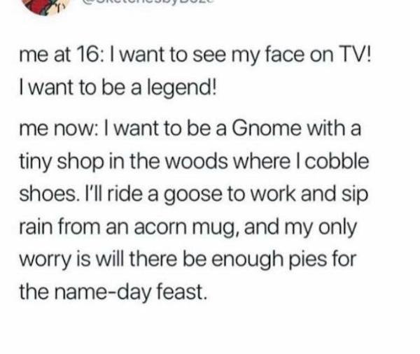 paper - me at 16 I want to see my face on Tv! I want to be a legend! me now I want to be a Gnome with a tiny shop in the woods where I cobble shoes. I'll ride a goose to work and sip rain from an acorn mug, and my only worry is will there be enough pies f