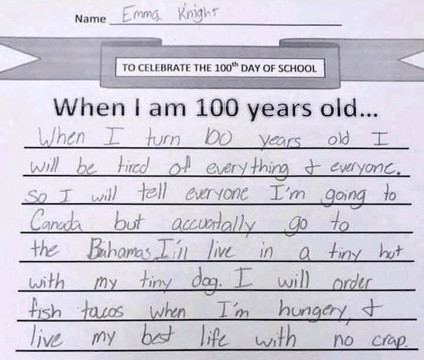 good handwriting for kids - Name Emma Knight To Celebrate The 100 Day Of School bo years When I am 100 years old... When I turn old I will be tired of everything & everyone. So I will tell everyone I'm going to Canada but but accuratally go to the Bahamas