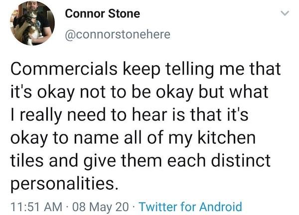 Connor Stone Commercials keep telling me that it's okay not to be okay but what I really need to hear is that it's okay to name all of my kitchen tiles and give them each distinct personalities. 08 May 20 Twitter for Android