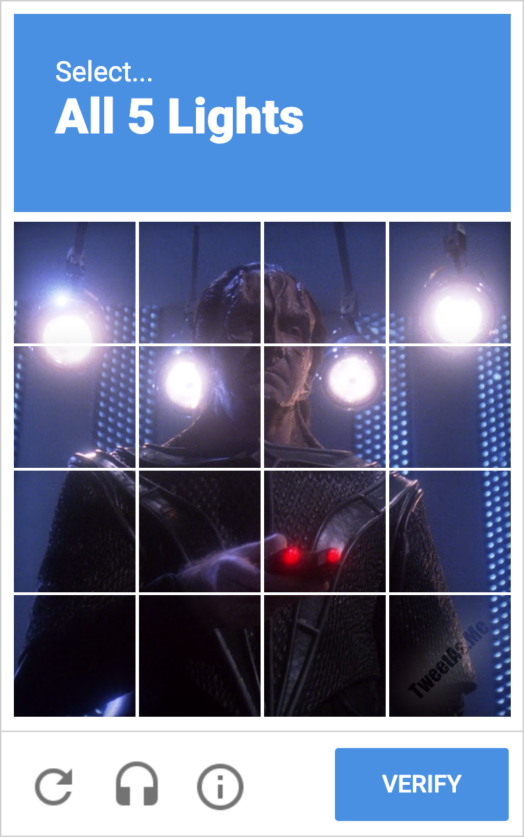 four lights captcha - Select... All 5 Lights Tweets Verify