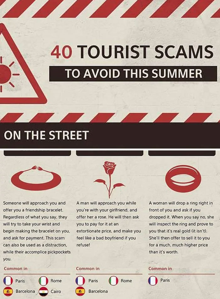 around the world in 80 - 40 Tourist Scams To Avoid This Summer On The Street Someone will approach you and A man will approach you while offer you a friendship bracelet. you're with your girlfriend, and Regardless of what you say, they offer her a rose. H