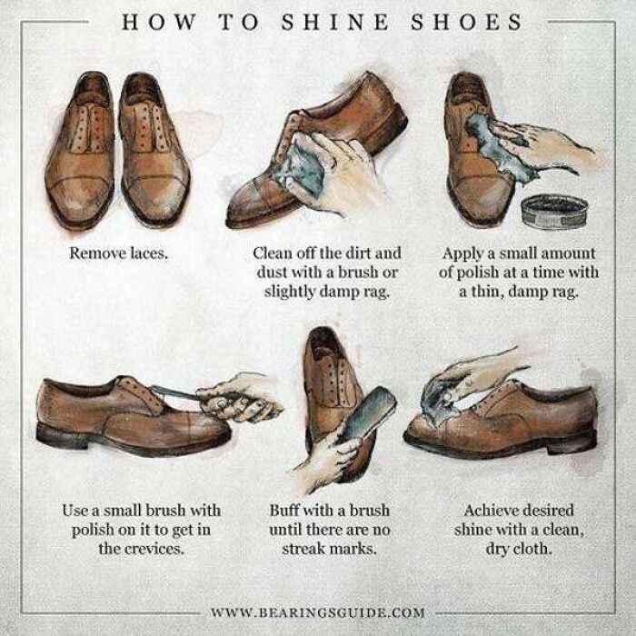 shine shoes - How To Shine Shoes Remove laces. Clean off the dirt and dust with a brush or slightly damp rag, Apply a small amount of polish at a time with a thin, damp rag Use a small brush with polish on it to get in the crevices. Buff with a brush unti