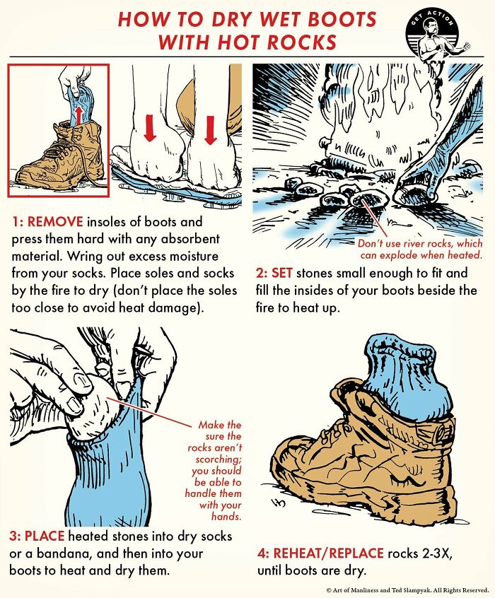 dry wet boots - Get How To Dry Wet Boots With Hot Rocks Sm llllls in 1 Remove insoles of boots and press them hard with any absorbent Don't use river rocks, which material. Wring out excess moisture can explode when heated. from your socks. Place soles an