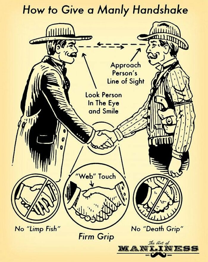 handshake guide - How to Give a Manly Handshake Approach Person's Line of Sight Look Person In The Eye and Smile "Web" Touch Au No "Limp Fish" No "Death Grip" Firm Grip The Art of Manliness Be 30