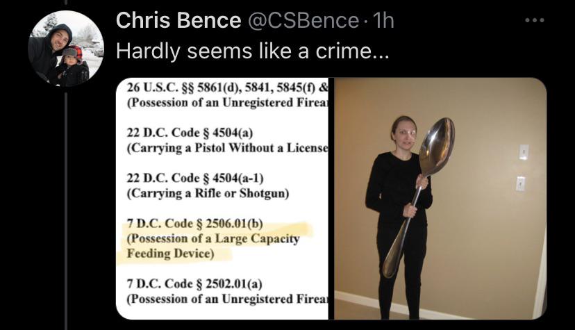presentation - Chris Bence . 1h Hardly seems a crime... 26 U.S.C. $$ 5861d, 5841, 5845f & Possession of an Unregistered Firea 22 D.C. Code $ 4504a Carrying a Pistol Without a License 22 D.C. Code $ 4504a1 Carrying a Rifle or Shotgun 7 D.C. Code $ 2506.01b