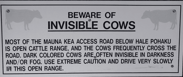 mauna kea - Beware Of Invisible Cows Most Of The Mauna Kea Access Road Below Hale Pohaku Is Open Cattle Range, And The Cows Frequently Cross The Road. Dark Colored Cows Are Often Invisible In Darkness AndOr Fog. Use Extreme Caution And Drive Very Slowly I