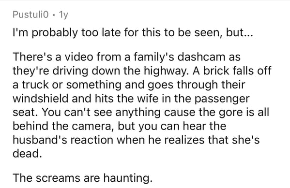 angle - Pustulio . 1y I'm probably too late for this to be seen, but... There's a video from a family's dashcam as they're driving down the highway. A brick falls off a truck or something and goes through their windshield and hits the wife in the passenge