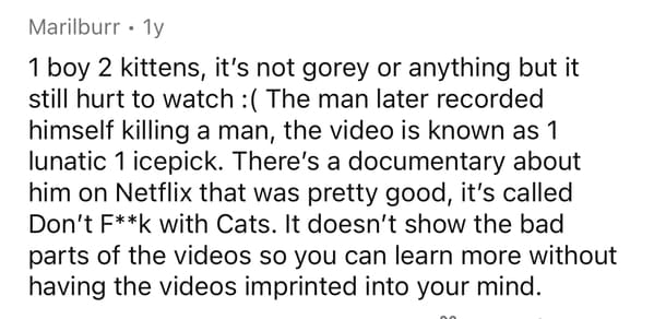 handwriting - Marilburr . 1y 1 boy 2 kittens, it's not gorey or anything but it still hurt to watch The man later recorded himself killing a man, the video is known as 1 lunatic 1 icepick. There's a documentary about him on Netflix that was pretty good, i